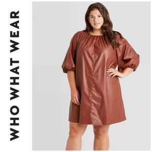 Who What Wear cognac colored balloon sleeve vegan leather shift dress